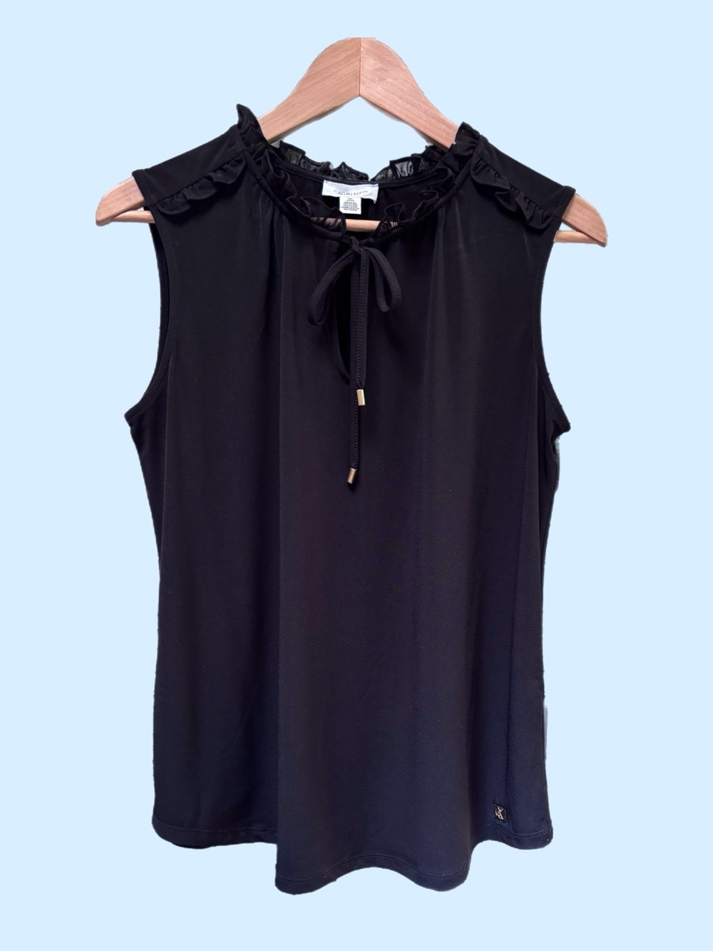 Calvin Klein Elegant Sleeveless Black Ruffle-Neck Top Jersey Knit Smooth